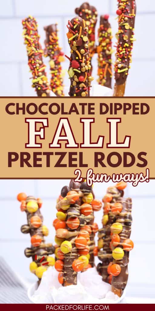 Chocolate dipped pretzel rods decorated with fall sprinkles and Reese’s Pieces as festive pretzel chocolate treats.