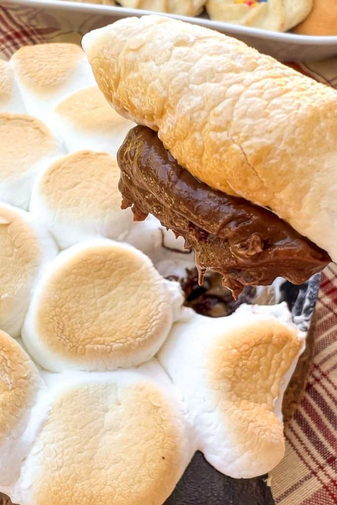 Close-up of a gooey chocolate peanut butter dip topped with toasted marshmallows, with one marshmallow being scooped up showing melted chocolate underneath. The golden-brown tops add texture and warmth to the rich, dessert-style dip.