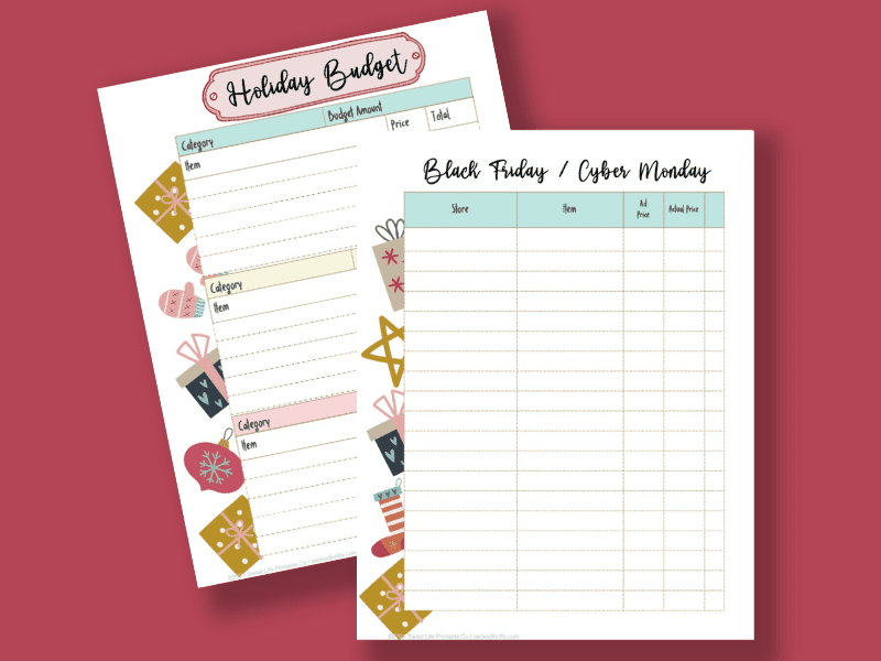 Holiday Budget Tracker and Black Friday / Cyber Monday Tracker pages. 