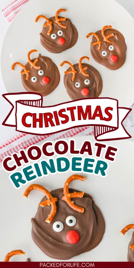 Individual chocolate reindeer bark treats for Christmas with candy eyes, red M&M noses and pretzel antlers.