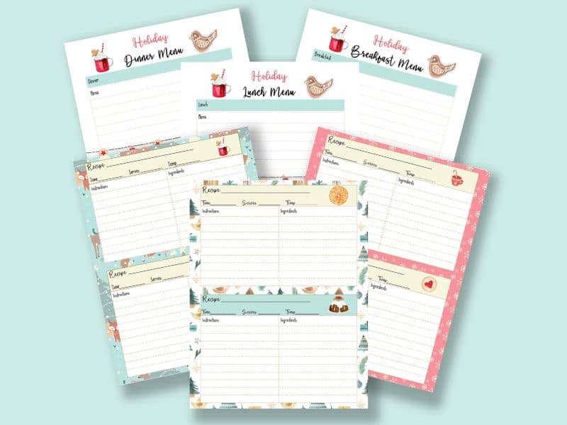6 printable Christmas planner pages.  Brakkfast, lunch and dinner menu templates, Christmas recipe cards. 