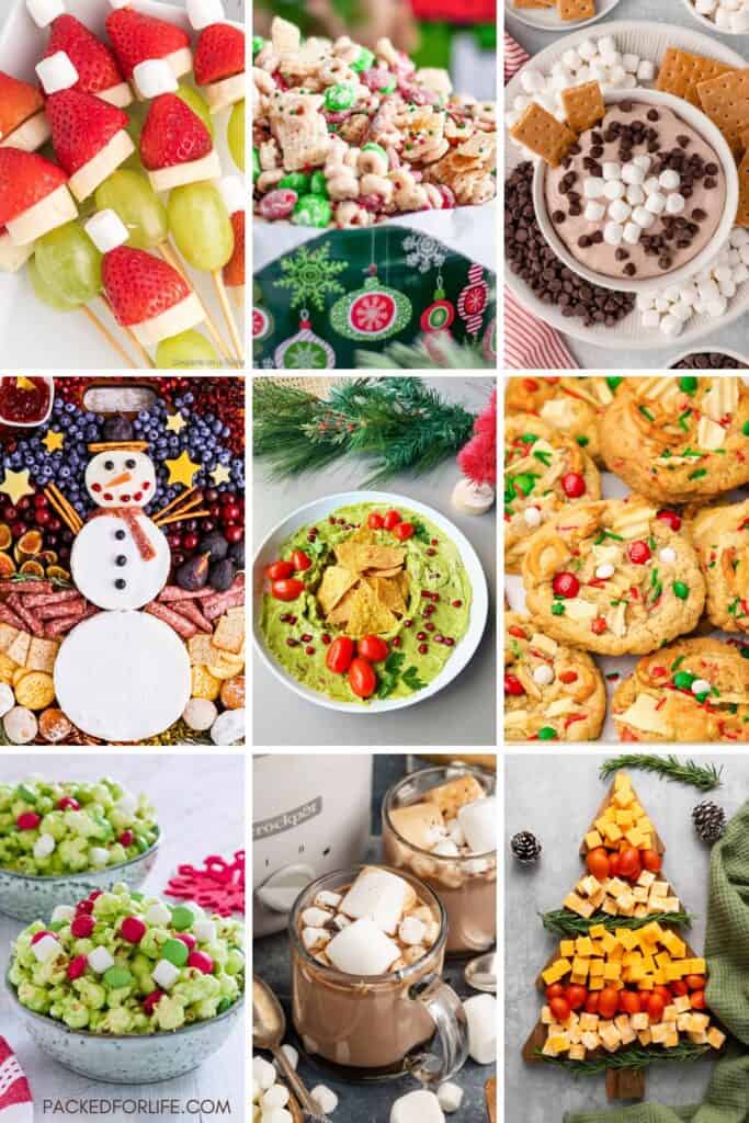 Collage of festive Christmas movie night snack ideas, including strawberry-banana-grape Santa skewers, holiday snack mix with cereal and M&M's, hot chocolate dip with marshmallows and chocolate chips, a snowman-shaped charcuterie board, guacamole Christmas wreath with tortilla chips and cherry tomatoes, soft cookies with red and green candy, green popcorn with marshmallows and M&M's, mugs of hot chocolate topped with marshmallows, and a cheese and tomato Christmas tree board.