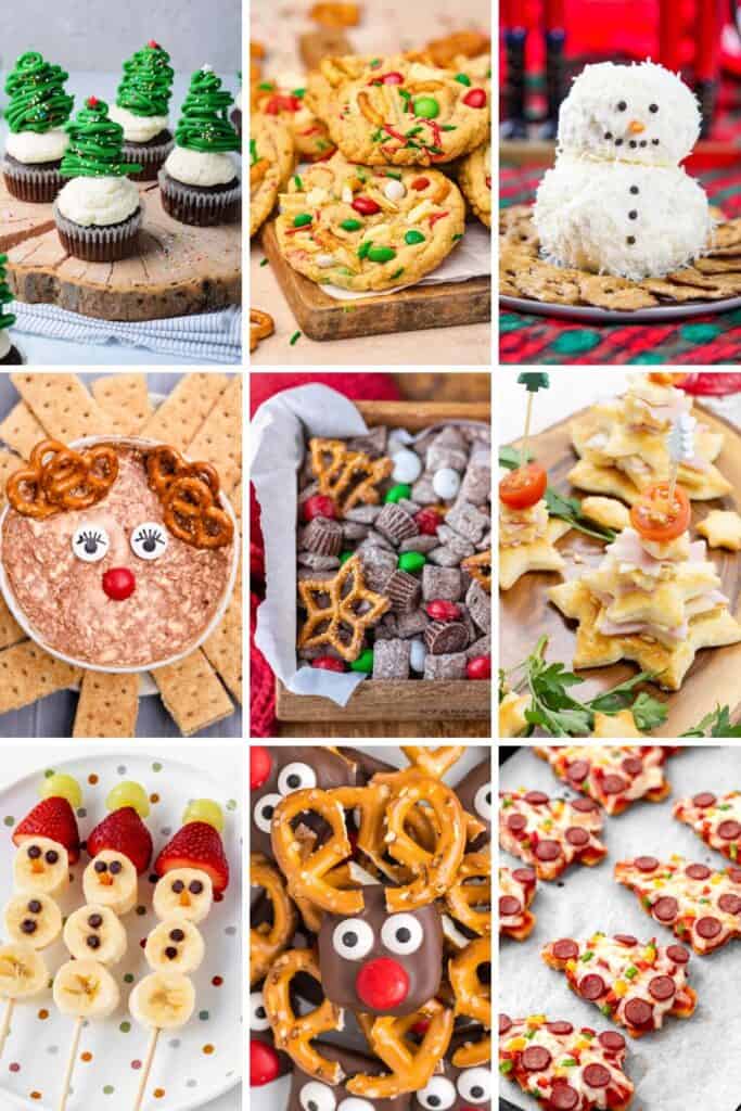 Collage of festive Christmas party snacks and treats for kids, including Christmas tree cupcakes, M&M cookies, a snowman cheese ball, reindeer dip with graham crackers, holiday snack mix, stacked star-shaped sandwiches, banana and strawberry snowman skewers, chocolate pretzel reindeer, and mini Christmas tree-shaped pizzas.