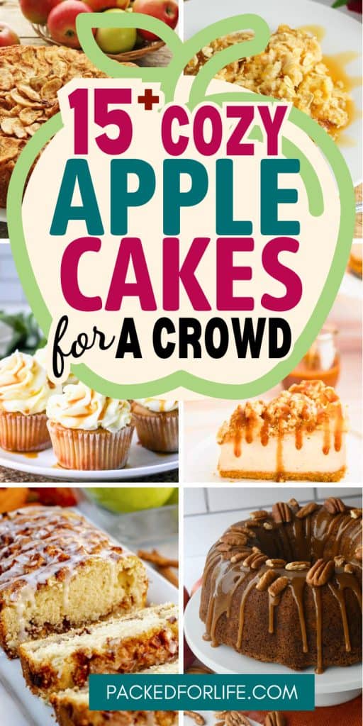 Collage of apple themed cake ideas including cupcakes, cheesecakes, bundt cakes, and sliced apple loaf cakes, styled for fall baking inspiration.