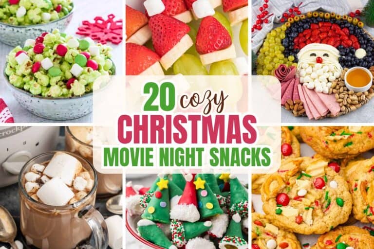 A collage of holiday snack ideas, including Grinch popcorn, Santa fruit kabobs, a Santa-themed charcuterie board, hot chocolate with marshmallows, decorated Bugles shaped like Christmas trees, and festive sweet and salty cookies, with bold text reading "20 Cozy Christmas Movie Night Snacks."