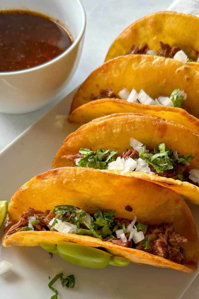 Four birria beef tacos in corn taco shells topped with onions and cilantro.