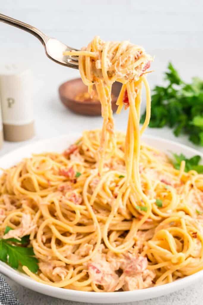 Plate of chicken crockpot spaghetti, with a fork holding up a forkful of spaghetti