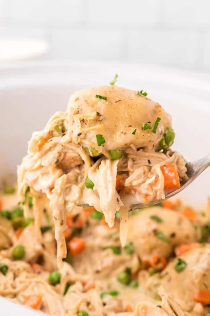 Close up of a spoonful of shredded chicken, carrots, peas and dumplings. 