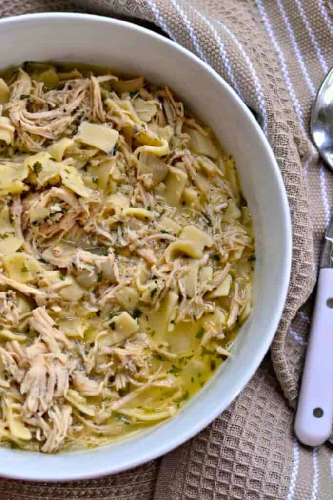 Low bowl of shredded chicken and egg noodles beside a spoon. 