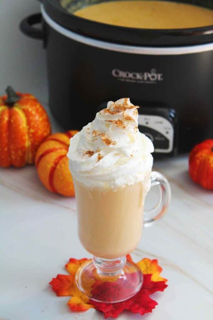 Clear mug filled with Pumpkin Spice Hot Chocolate in front of a crockpot and small pumpkins. 