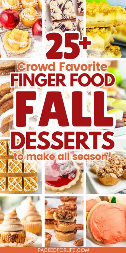 Pinterest pin of a collage of finfergood fall desserts including pumpkin rice krispie squares, cranberry tartlets, apple caramel pretzel bites, mini apple cheesecakes, pumpkin whoopie pies