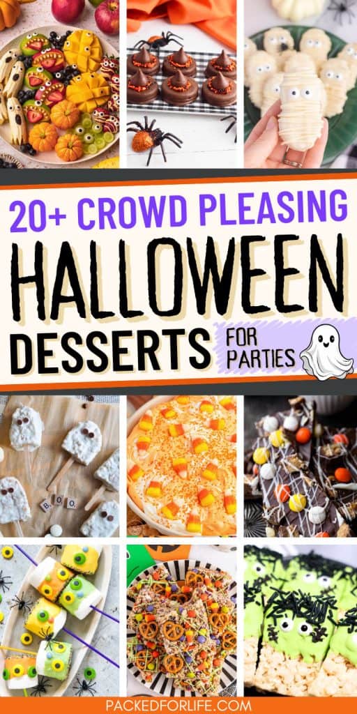 A colorful collage of cute no bake Halloween desserts for kids and adults, including chocolate witch hat cookies, ghost-shaped treats, monster rice krispies, candy bark, and fruit arranged with candy eyes.
