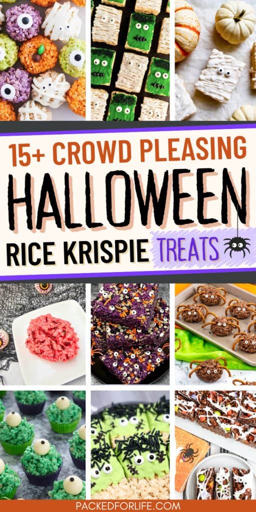 Colorful spooky rice krispie treats in fun Halloween shapes and designs, including monsters, mummies, eyeballs, and spider-themed snacks, arranged with pumpkins and festive decorations.