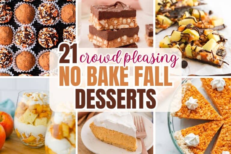 A collage of no bake fall desserts for a crowd features chocolate pumpkin truffles, layered chocolate pretzel bars, caramel apple bark, apple parfaits, creamy pumpkin pie, and pumpkin pie shaped cereal treats. Text in the center reads "21 crowd pleasing no bake fall desserts".
