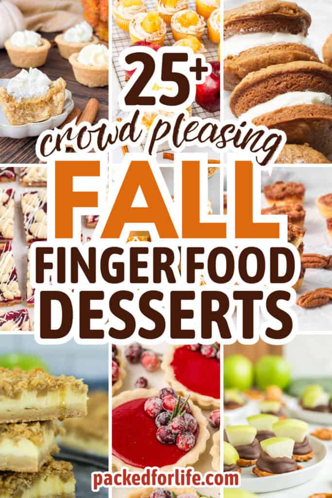 Collage of assorted fall finger food desserts and mini fall desserts, including pumpkin pie cookie cups, apple cinnamon cupcakes, pumpkin whoopie pies, cranberry white chocolate bars, pumpkin rice krispie treats, pecan tassies, cheesecake bars, cranberry tarts, and apple chocolate pretzel bites. 