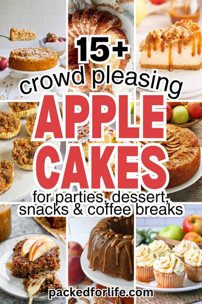 A collage of homemade apple desserts including coffee cake, bundt cake, cheesecake bars, cupcakes, and apple crumb cakes featuring apple treats for a crowd that are perfect for parties, holiday dessert tables, potlucks, and cozy coffee breaks.