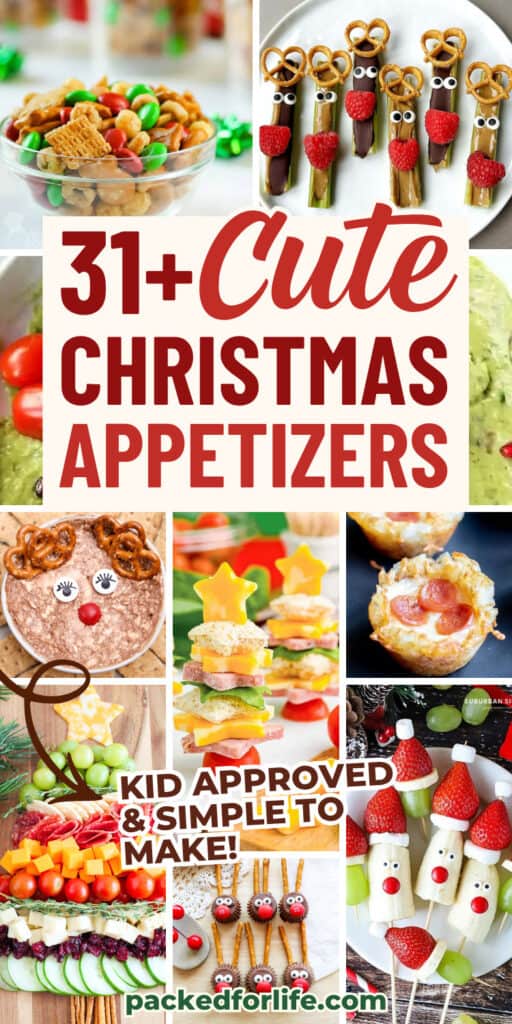 A colorful collage of cute Christmas appetizers for kids, including holiday snack mix, reindeer celery sticks, a Christmas tree charcuterie board, mini star sandwiches, pizza bites, reindeer treats, and festive fruit skewers.
