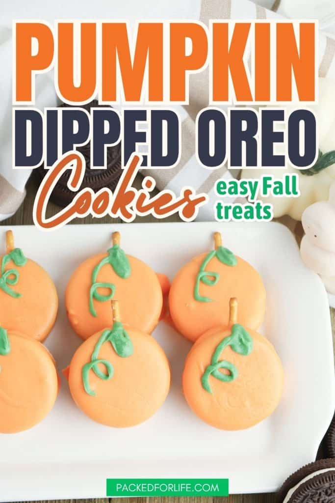 Plate of bright orange pumpkin-shaped dipped Oreos with green icing vines and pretzel stems, ideal for fun fall Oreo ideas and easy autumn desserts.