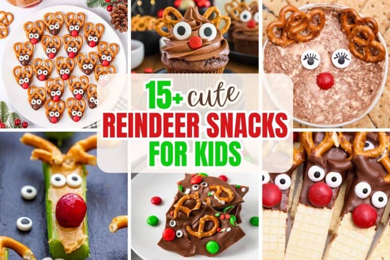 A collage of cute reindeer Christmas snacks for kids features treats like chocolate cupcakes, peanut butter celery sticks, reindeer bark, dip with pretzel antlers, wafer cookies, and candy eyes with red noses. The text overlay reads “15+ Cute Reindeer Snacks for Kids."