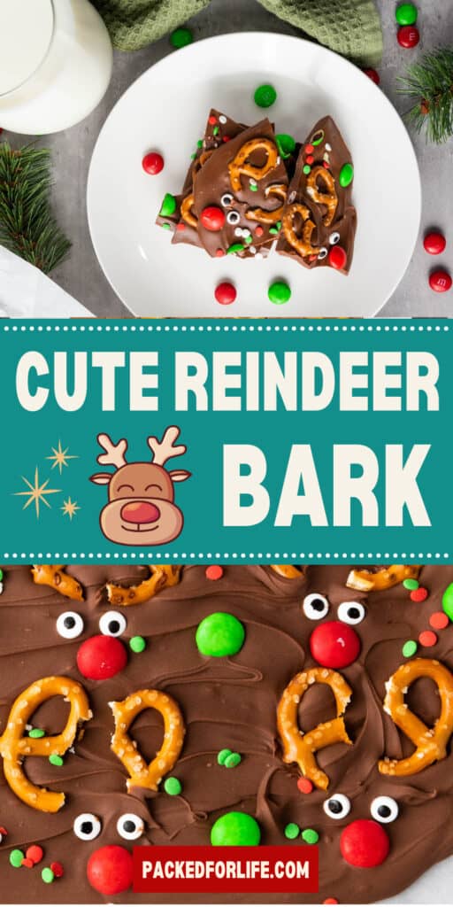 A PIN of Cute Chocolate Reindeer Bark, with pretzel antlers, candy eyes, and red M&Ms for the noses.  