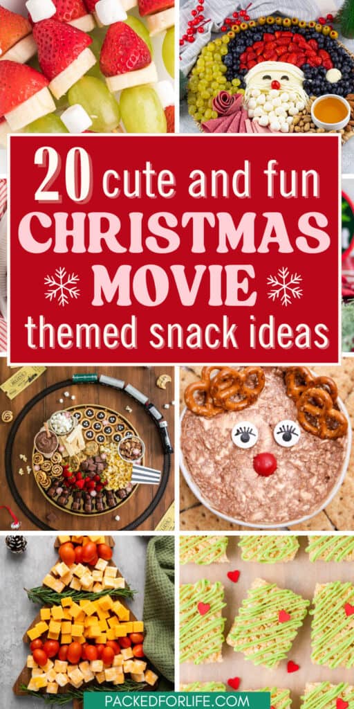 A pinterest PIN with a colorful collage of festive snacks and desserts like Grinch fruit kabobs, Santa and Polar Express themed charcuterie boards, reindeer dip, and Grinch Rice Krispies, and Christmas tree cheese platter, highlighting fun Christmas themed movie snacks.