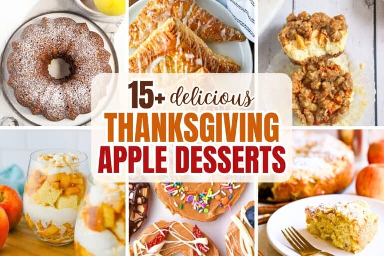 A colorful collage of Thanksgiving apple desserts including apple bundt cake, glazed apple turnovers, apple cheesecake bites, apple trifles, apple slice “donuts” with toppings, and a rustic Italian apple cake slice.