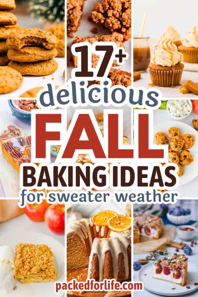 A collage of easy fall baked goods featuring a variety of seasonal treats, including apple crumb bars, pumpkin cookies, apple tart, pecan sweet potato pie, cinnamon swirl cookies, cranberry crisp, plum cheesecake, glazed pull-apart bread, and nut topped muffins.