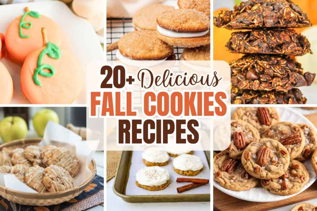 Collage of various easy fall cookies, including pumpkin-decorated sandwich cookies, cinnamon sugar cookie sandwiches, oatmeal chocolate chip stacks, glazed apple cookies, spiced frosted cookies, and pecan-topped cookies. Centered text reads “20+ Delicious Fall Cookies Recipes,” showcasing cozy, seasonal treats perfect for autumn baking.