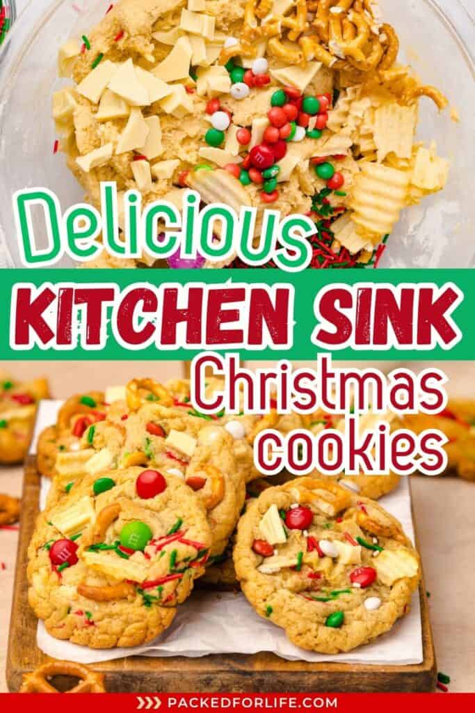 One photo showing festive Christmas everything cookies with red and green M&Ms, potato chips, pretzels and white chocolate chunks on a wooden cutting board. The other an overhead view of a bowl of cookie dough with the mix ins on top.