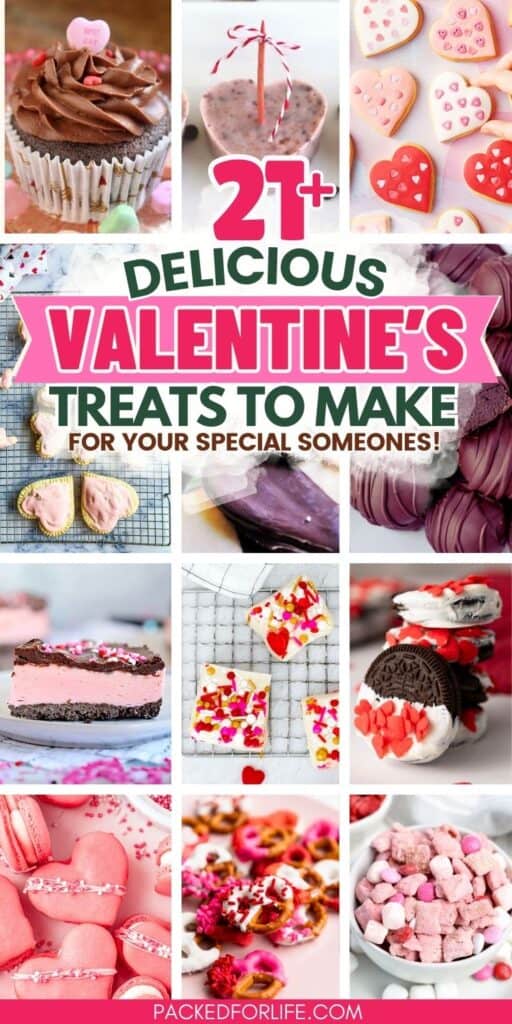 Vertical collage titled &ldquo;21+ Delicious Valentine&rsquo;s Treats to Make for Your Special Someones&rdquo; featuring a variety of festive desserts like cupcakes, heart-shaped cookies, chocolate bark, fudge, dipped Oreos, and pink puppy chow. Each treat is decorated in red, pink, and white with hearts, sprinkles, and candy, creating a colorful and romantic vibe perfect for Valentine&rsquo;s Day.