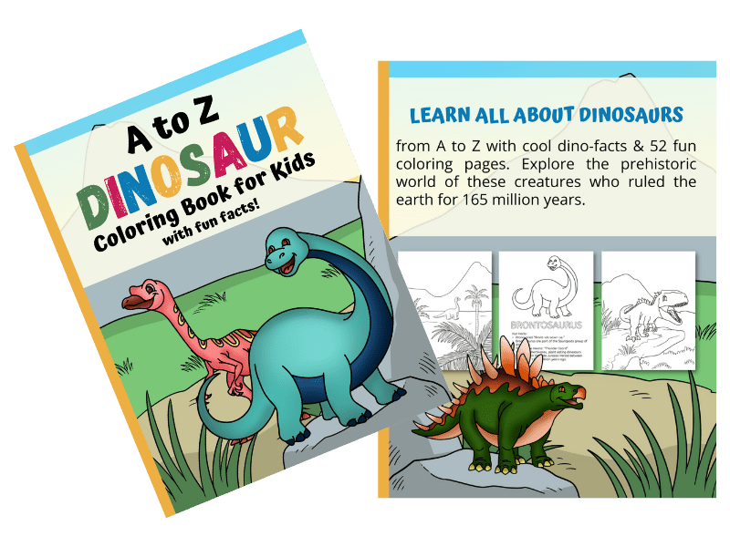 The A to Z DInosaur Coloring Book for Kids with fun facts cover with a Brontosuarus, and stegosaurus standing on rocks in backgorund.
