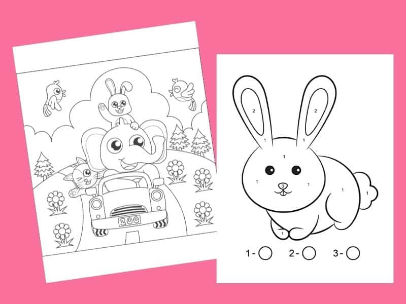 2 kids Easter coloring pages. elephant, cat and bunny in a car and a color by number bunny.
