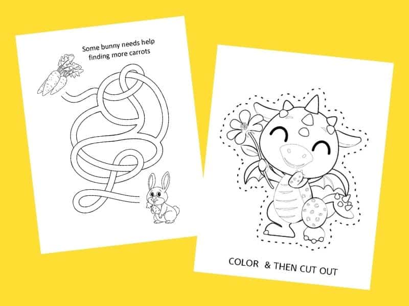 2 Easter activity pages, a maze and color and cut baby dragon holding an easter egg. 