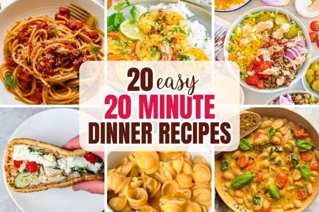Collage featuring six quick dinner recipes including spaghetti, cilantro lime shrimp with rice, Big Mac bowls, chicken gyros, stovetop mac and cheese, and creamy butter beans. The center of the graphic displays the text "20 easy 20 MINUTE DINNER RECIPES", highlighting a collection of fast and simple meals ready in about 20 minutes.