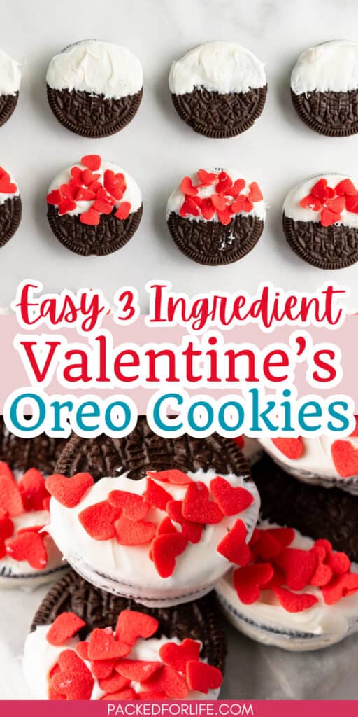 Easy 3 ingredient Valentine's treats with white candy dipped oreo cookies sprinkled with candy hearts.