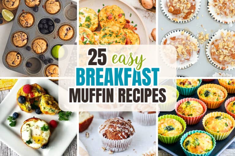 Easy homemade breakfast muffins collage featuring sweet and savory options like egg muffins, fruit muffins, and iced coffee cake muffins.