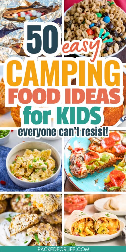 A collage of simple campsite meals including foil packet desserts, cereal snack mix, muffins, pasta salad, wraps, and kid-friendly dishes, perfect easy family camping food ideas for quick outdoor meals.