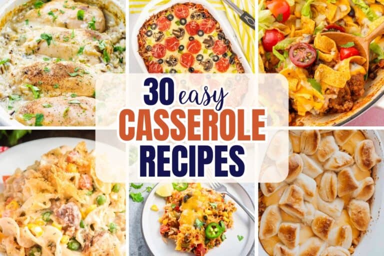 Collage of six colorful and hearty casserole dishes, including chicken and rice, pizza-inspired, taco, creamy pasta with vegetables, Tex-Mex, and biscuit-topped casseroles, overlaid with the text "30 easy casserole recipes" to highlight simple dinner recipes.