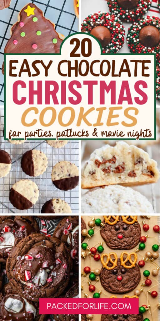 A collage of festive Christmas chocolate cookies including reindeer cookies, chocolate peppermint cookies, and half-dipped chocolate chip shortbread, styled for parties and holiday gatherings.