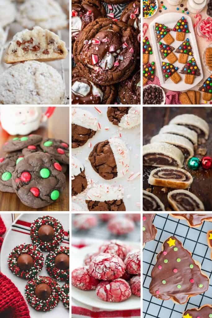 Grid of easy chocolate Christmas cookies featuring a variety of festive treats including chocolate peppermint cookies, chocolate crinkle cookies, cookies with red and green M&Ms, chocolate-dipped peppermint cookies, chocolate rugelach, thumbprint cookies with sprinkles, and tree-shaped chocolate sugar cookies. Each cookie is decorated with seasonal toppings like crushed candy canes, powdered sugar, and colorful sprinkles.