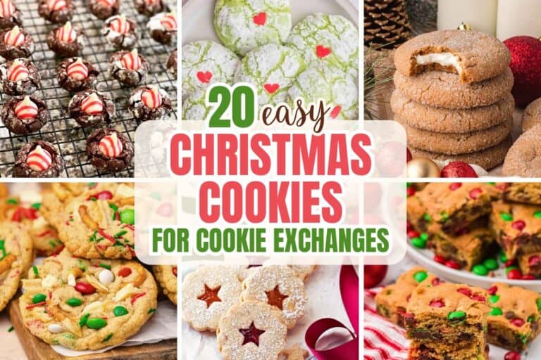 Collage of festive treats titled “20 Easy Christmas Cookies for Cookie Exchanges” featuring chocolate peppermint blossom cookies, green Grinch crinkle cookies, cream-filled gingerbread cookies, colorful kitchen sink cookies, powdered Linzer cookies, and M&M-studded cookie bars
