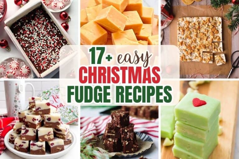 Collage of colorful holiday fudge varieties with bold text reading “17+ Easy Christmas Fudge Recipes” in the center. Featured treats include peppermint fudge, peanut butter fudge, sugar cookie fudge, cranberry nut fudge, Grinch fudge, and classic chocolate fudge, all arranged to showcase the best holiday fudge recipes for Christmas.