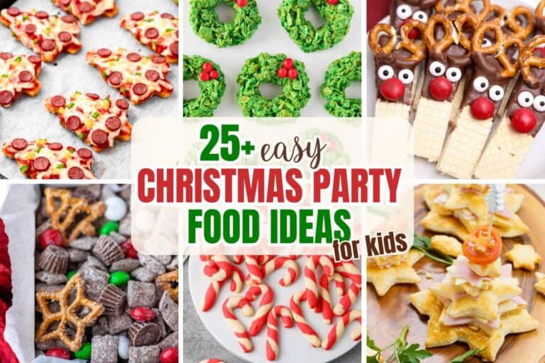 Colorful collage of festive Christmas snacks for kids, including mini pizza trees, candy cane cookies, green cornflake wreath treats, wafer reindeer pops, holiday snack mix with pretzels and candies, and stacked star-shaped sandwiches with ham and cheese. Text overlay reads "25+ easy Christmas party food ideas for kids".