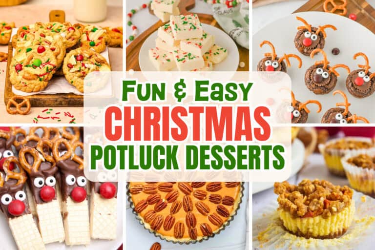 A collage of easy Christmas party potluck desserts, including colorful holiday cookies, white chocolate fudge, reindeer brownie bites, chocolate-dipped wafer cookies with pretzel antlers, pecan cheesecake, and mini apple crumble cheesecakes.
