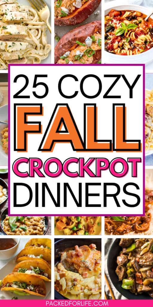 Collage of cozy fall crockpot dinners from chickpea curries, to Swedish meatballs, ham and scalloped potatoes, pepper steak and tacos, 