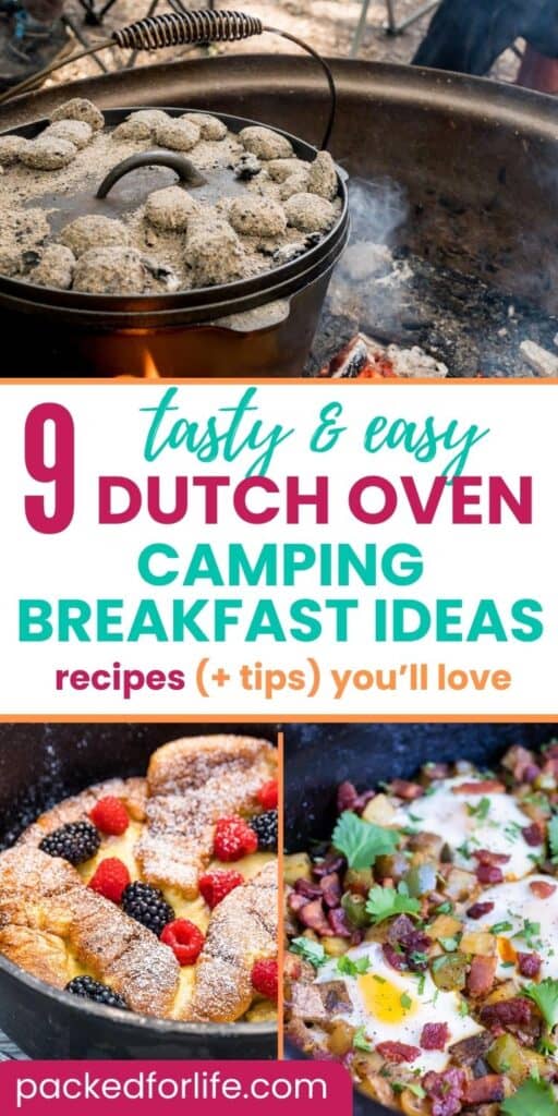 Tasty & easy Dutch Oven camping breakfast ideas, recipes. With a dutch oven in a campfire, pancakeand breakfast hash. 
