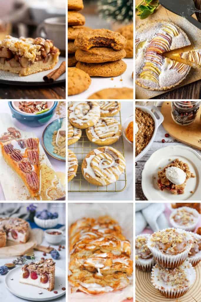 A collage of easy fall baked goods featuring a variety of seasonal treats, including apple crumb bars, pumpkin cookies, apple tart, pecan sweet potato pie, cinnamon swirl cookies, cranberry crisp, plum cheesecake, glazed pull-apart bread, and nut-topped muffins.