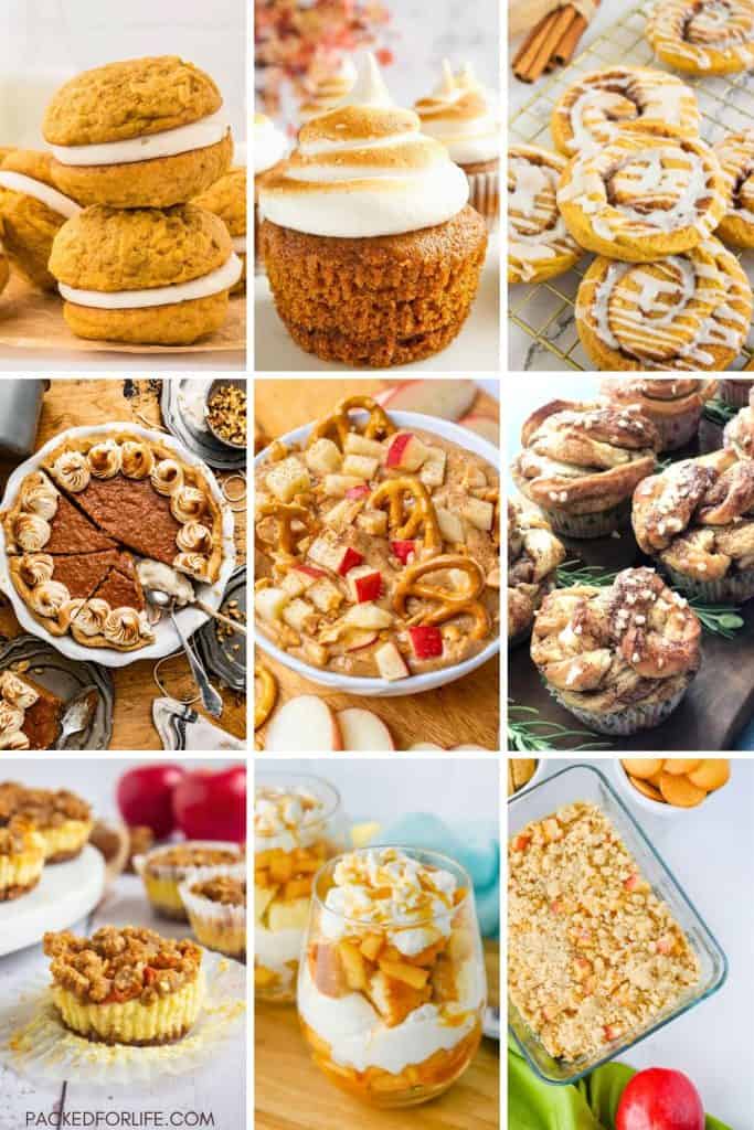 Collage of nine cozy fall desserts perfect for a crowd, including pumpkin whoopie pies, cupcakes with toasted meringue frosting, pumpkin cinnamon rolls, pecan-topped pie, caramel apple dip with pretzels, pull-apart cinnamon muffins, mini apple crumble cheesecakes, apple parfaits with whipped cream, and a large dish of apple crumble.