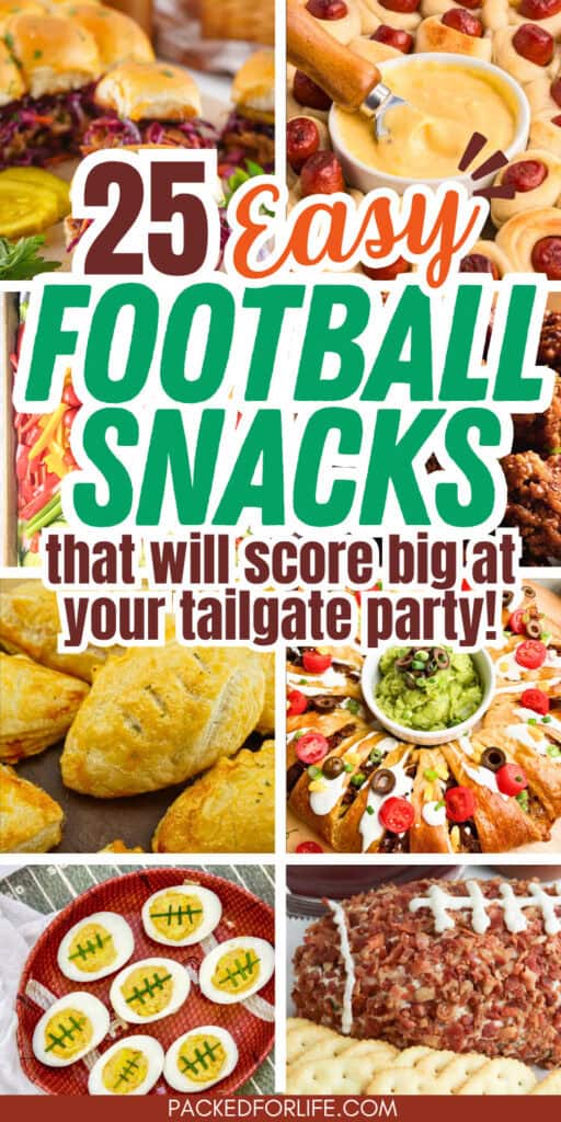 Tray of game day snacks football fans will love, including chips, dips, sliders, and football themed finger foods arranged for a tailgate or home party.