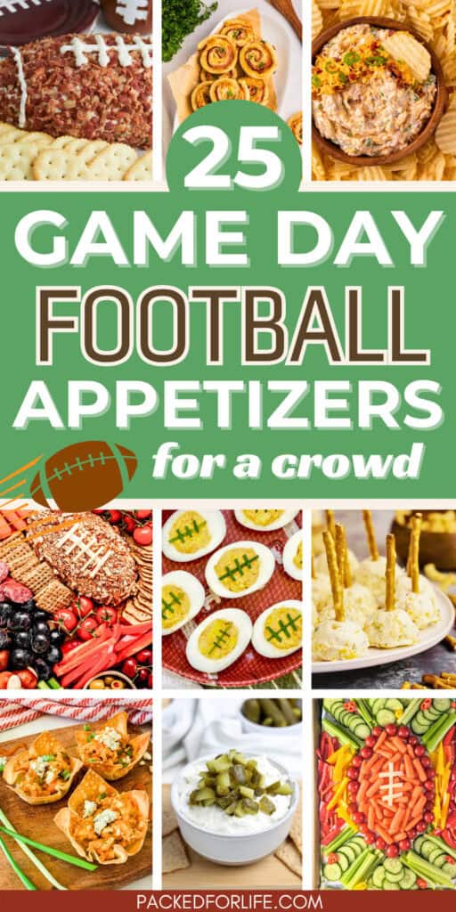 A colorful collage of Football Appetizers Easy Finger Foods including deviled eggs with football laces, cheese balls, veggie trays, dips, and bite-sized snacks perfect for a game day crowd.